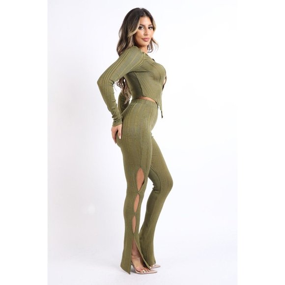 Women's Asymmetric One Shoulder Cutout Ribbed Top and Matching Flare Pants Set - Picture 6 of 8